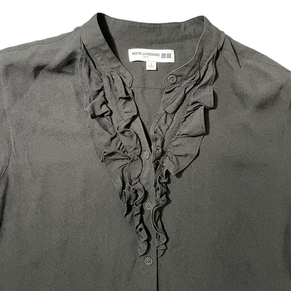 Ines de la Fressange x Uniqlo Silk Frilled Shirt Blouse Ruffles Black Size Small
